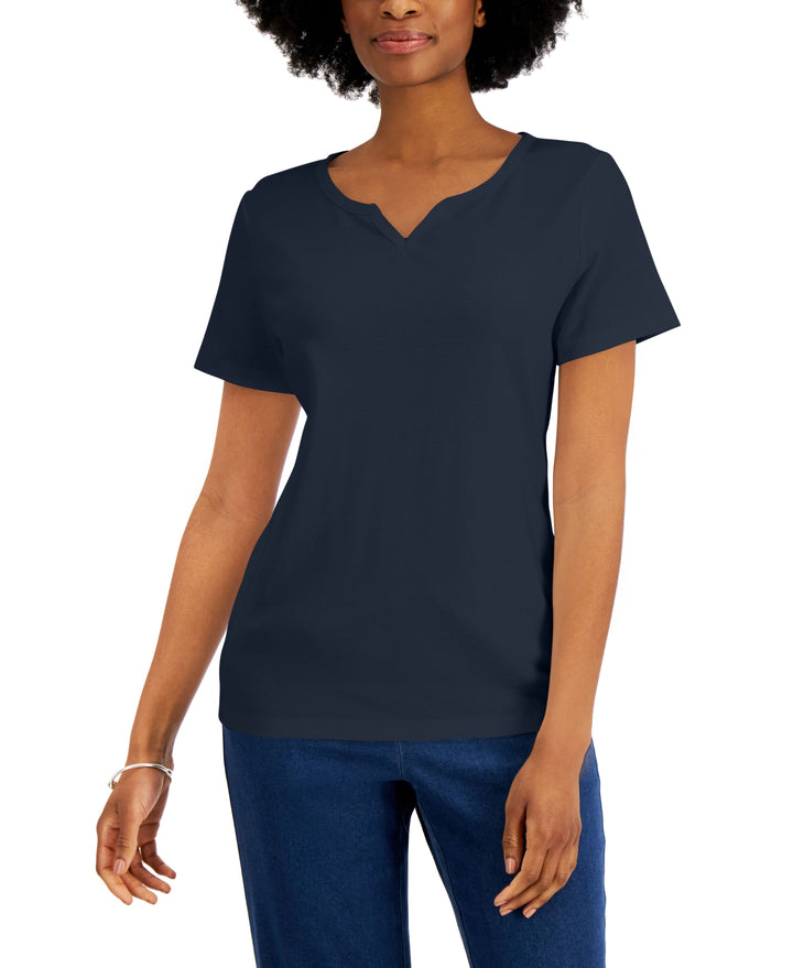 Karen Scott Petite Cotton Split Neck Top