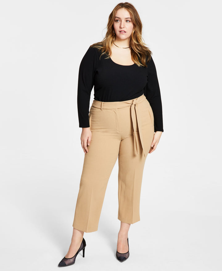 Bar III Plus Size Belted Textured Crepe Pants