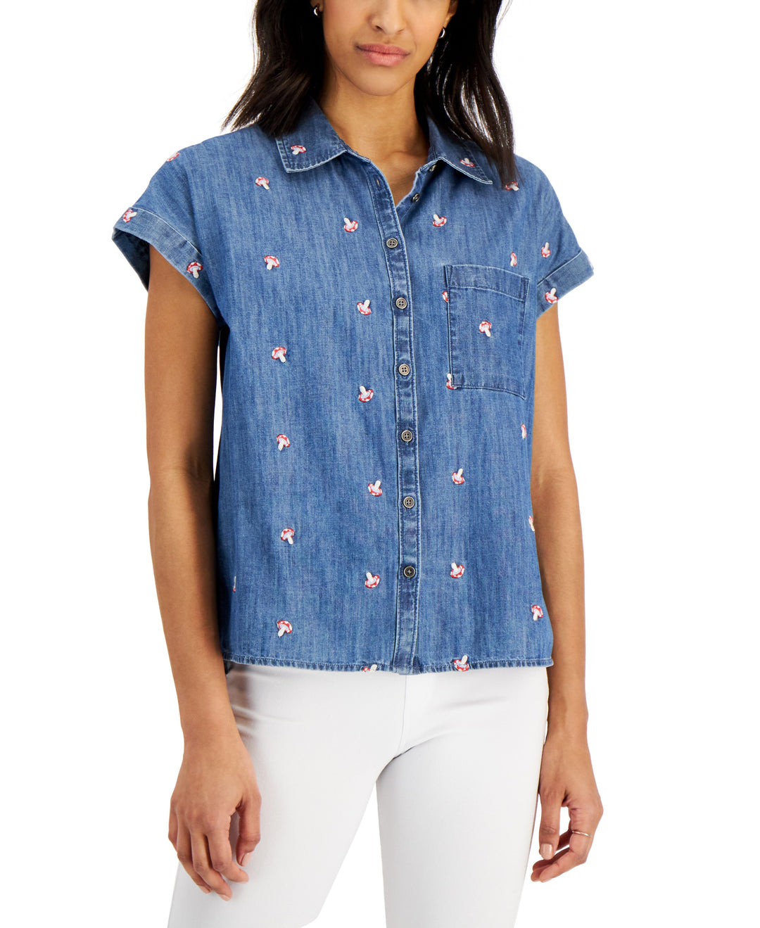 Style & Co Petite Embroidered Mushroom Camp Shirt