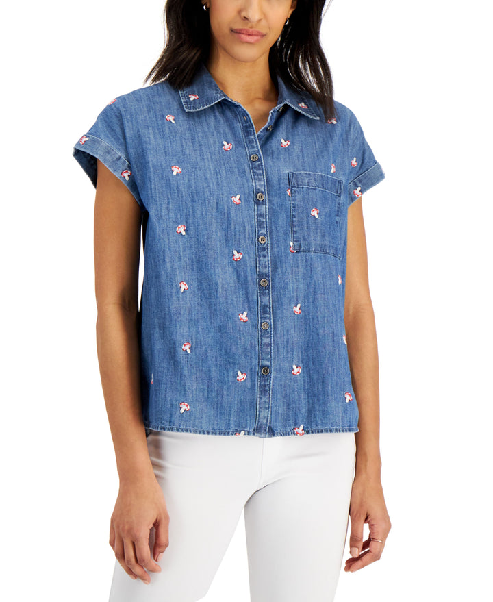 Style & Co Womens Cotton Printed Camp Shirt