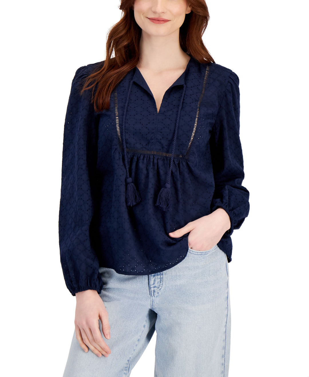 Style & Co Womens Cotton Eyelet Embroidered Ladder Trim Top