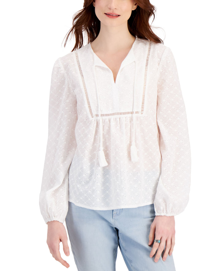 Style & Co Womens Cotton Eyelet Embroidered Ladder Trim Top