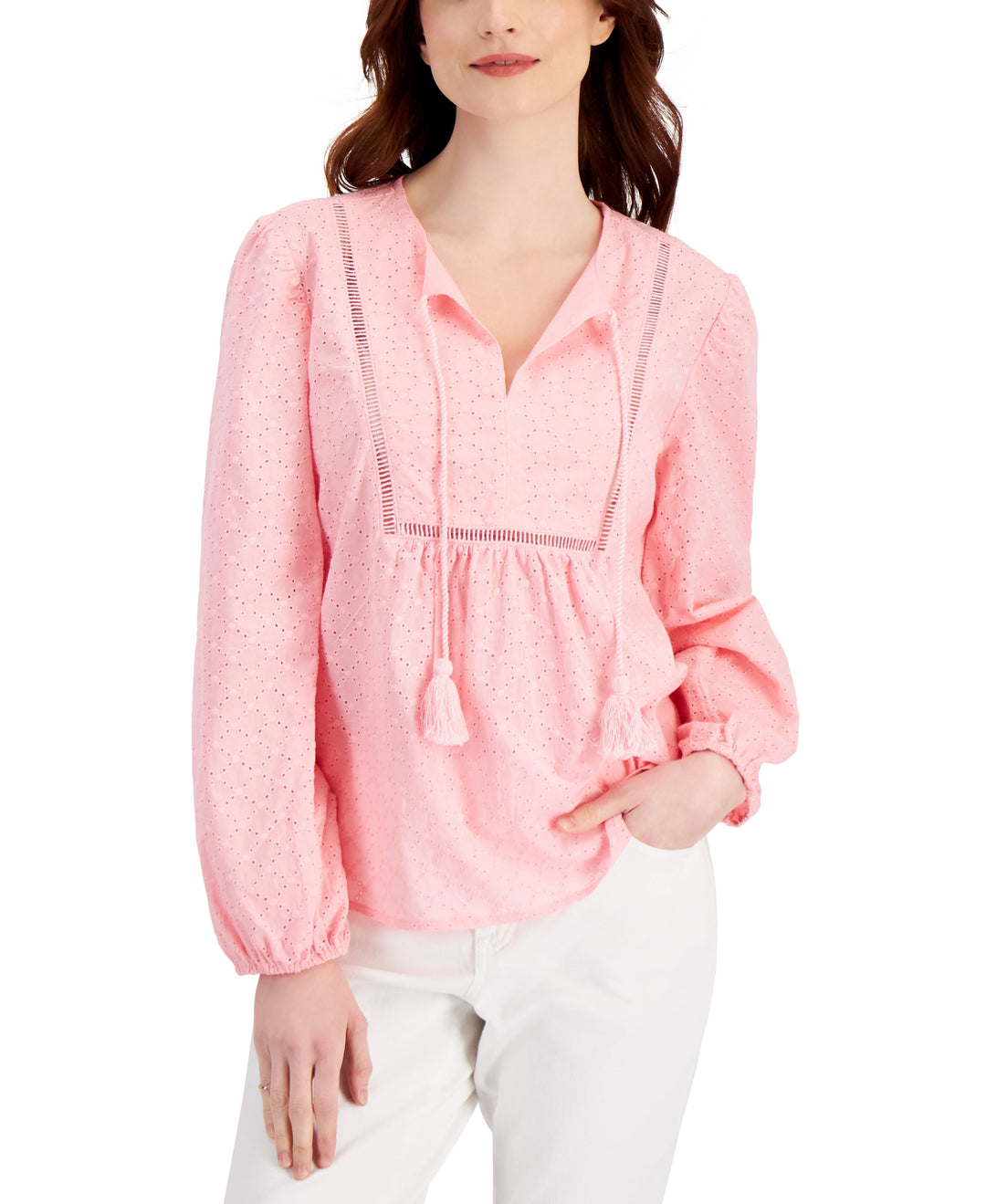 Style & Co Womens Cotton Eyelet Embroidered Ladder Trim Top