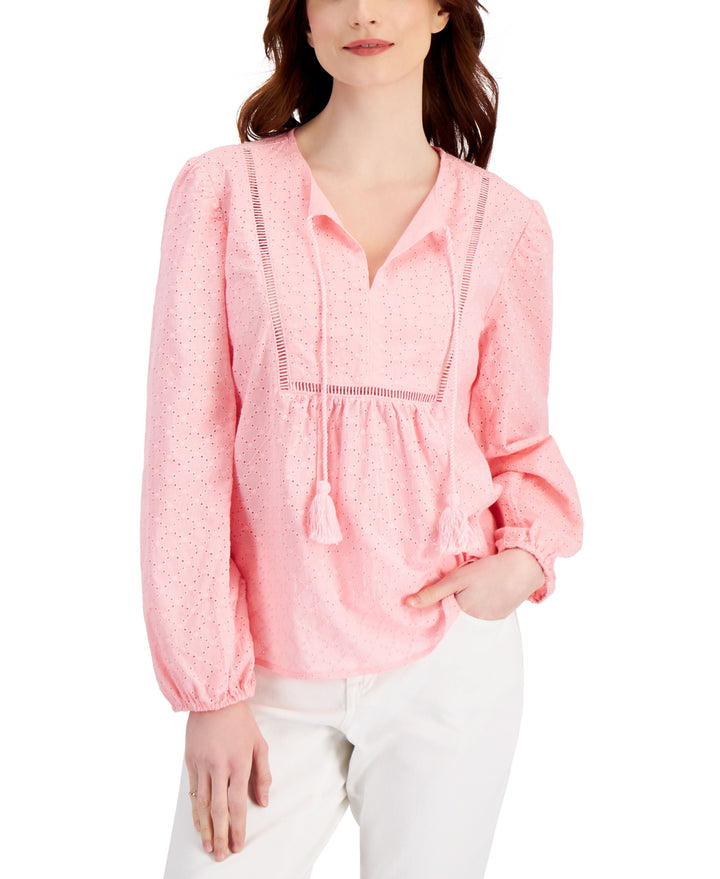 Style & Co Womens Cotton Eyelet Embroidered Ladder Trim Top