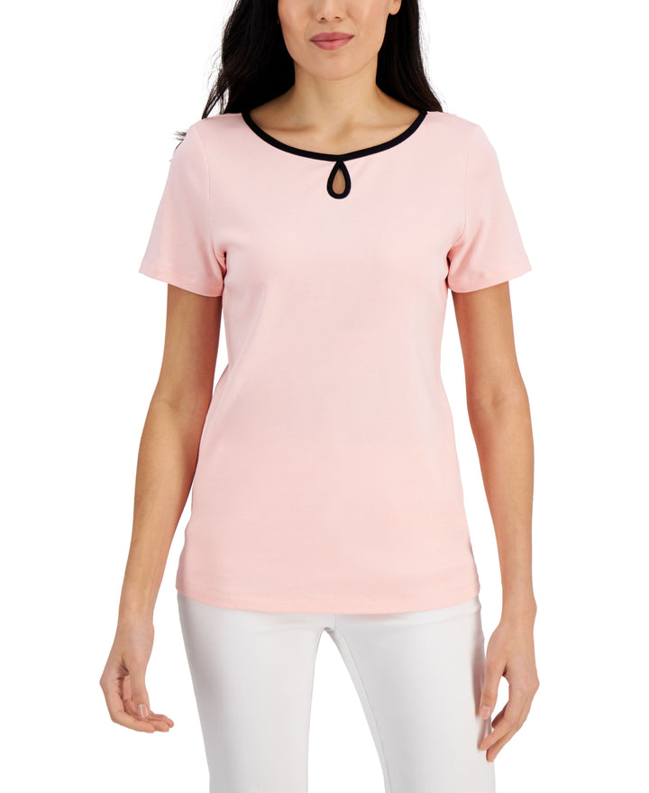 Karen Scott Petite Contrast Trim Keyhole T-Shirt