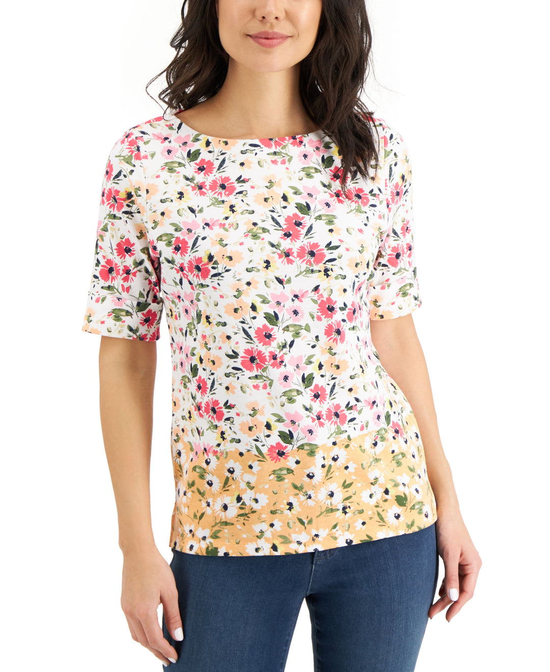 Karen Scott Petite Ditsy Floral Colorblocked Top