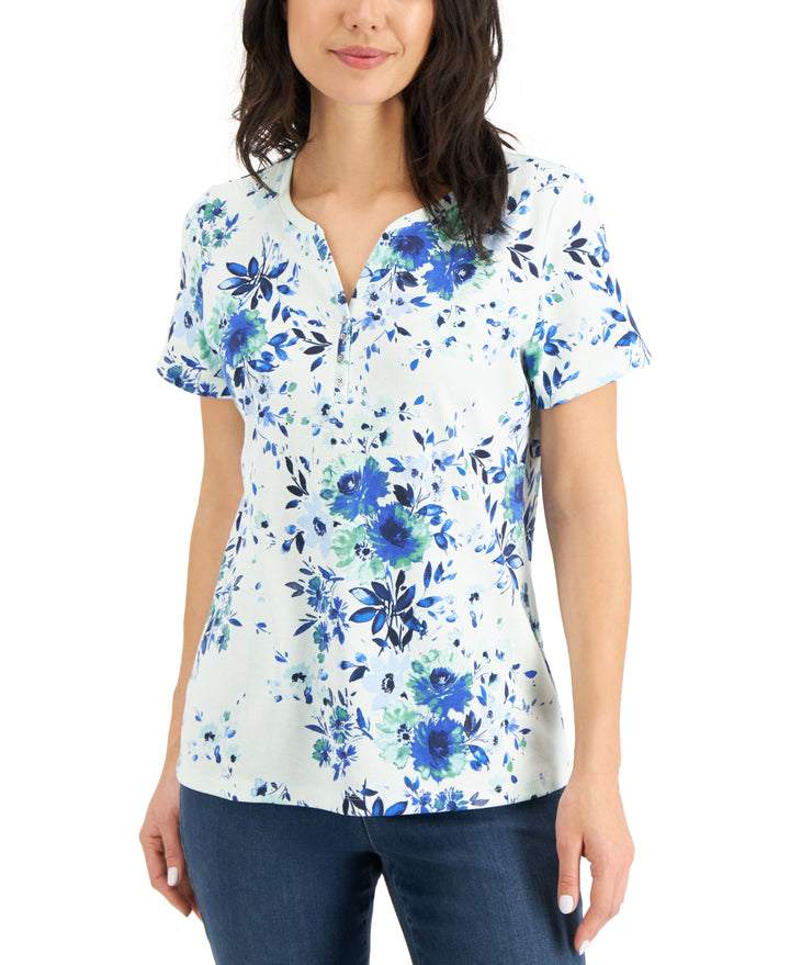 Karen Scott Floral Dash Printed Henley Top