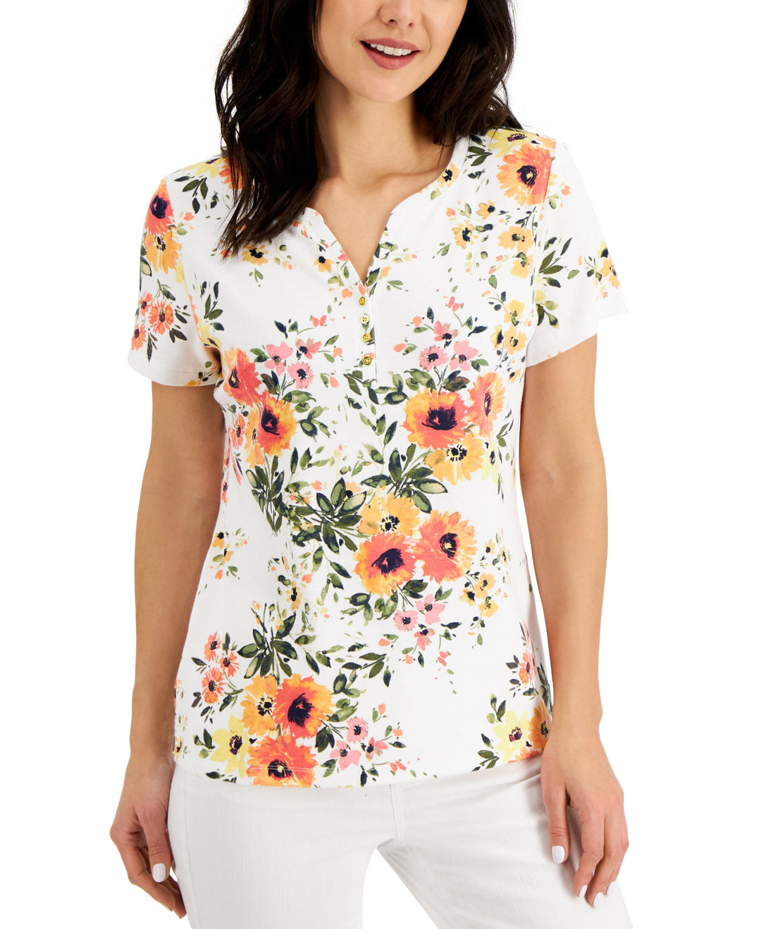 Karen Scott Petite Floral Dash Henley Shirt