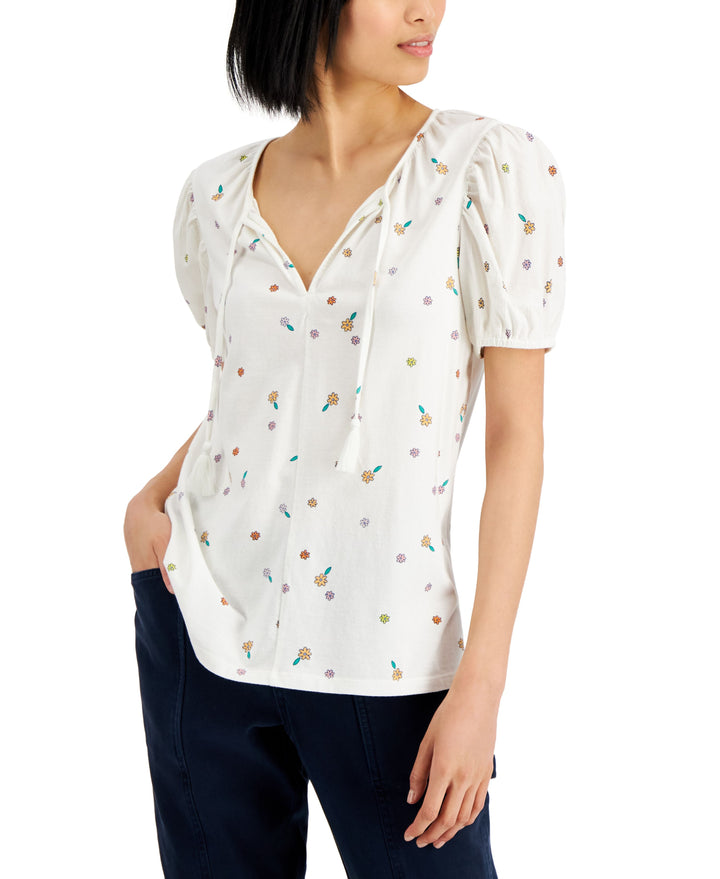 Style & Co Womens Printed Puff Sleeve Tie Neck Top
