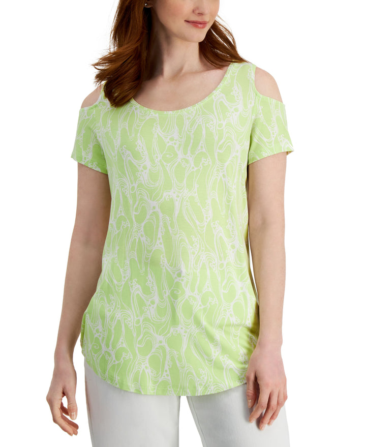 JM Collection Womens Printed Cold Shoulder Top