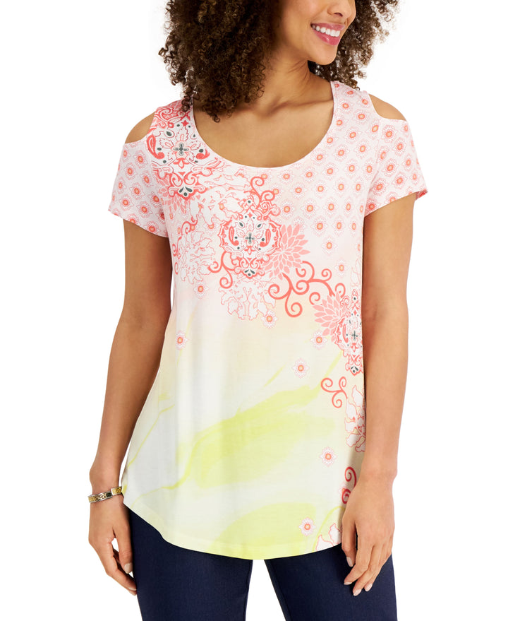 JM Collection Womens Printed Cold-Shoulder Top