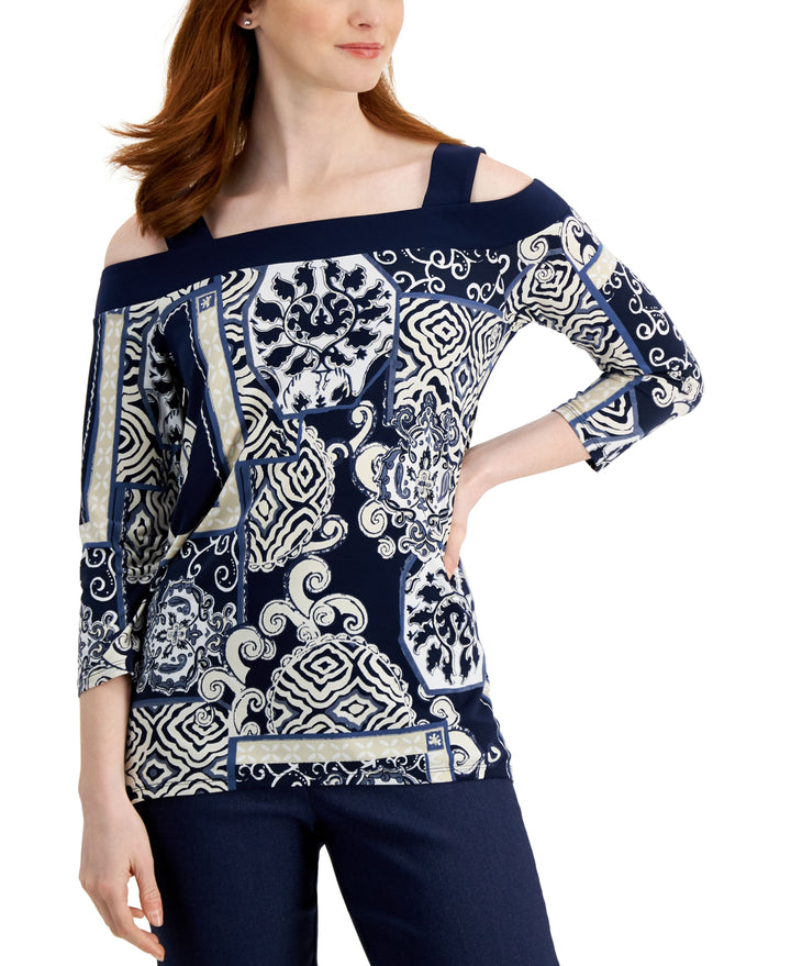 JM Collection Womens Printed Cold-Shoulder Top
