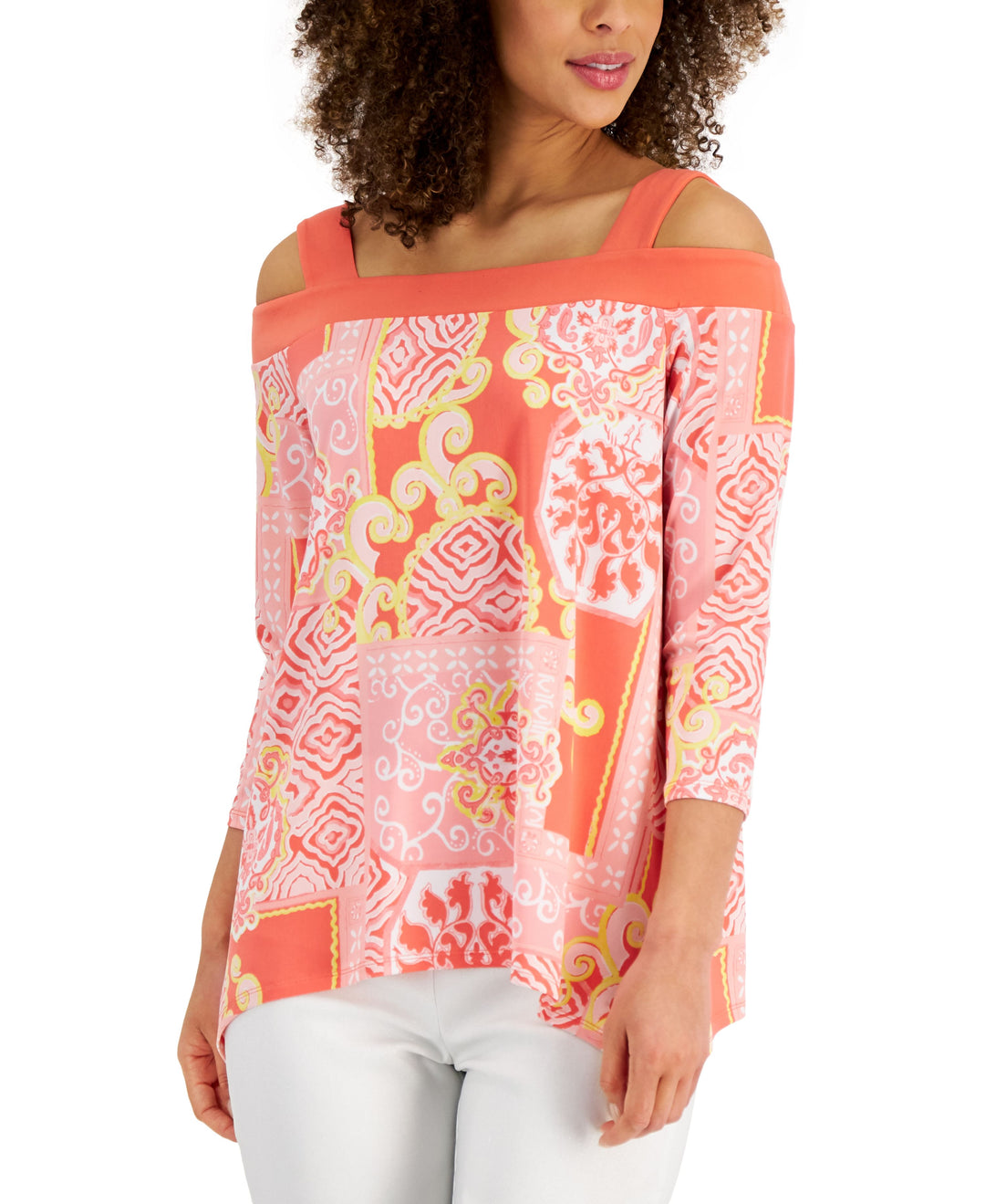 JM Collection Womens Printed Cold-Shoulder Top