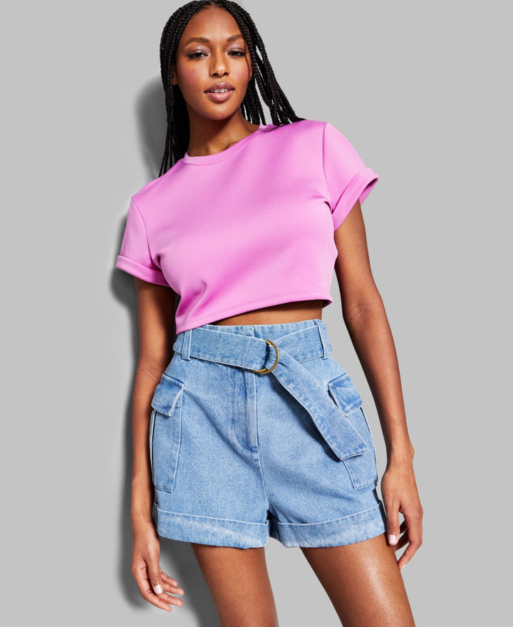 INC International Concepts Jeannie Mai X Inc Cropped Solid Short Sleeve Top