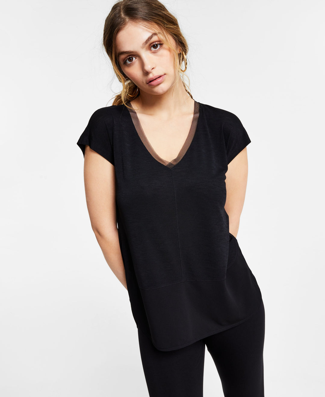 Petite V-Neck Mixed-Media Mesh Top