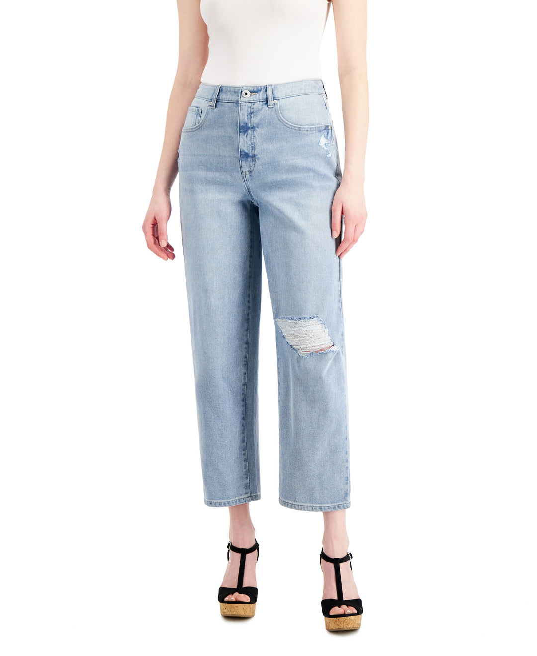 Style & Co Petite Destructed High Rise Vintage Straight Crop Jeans