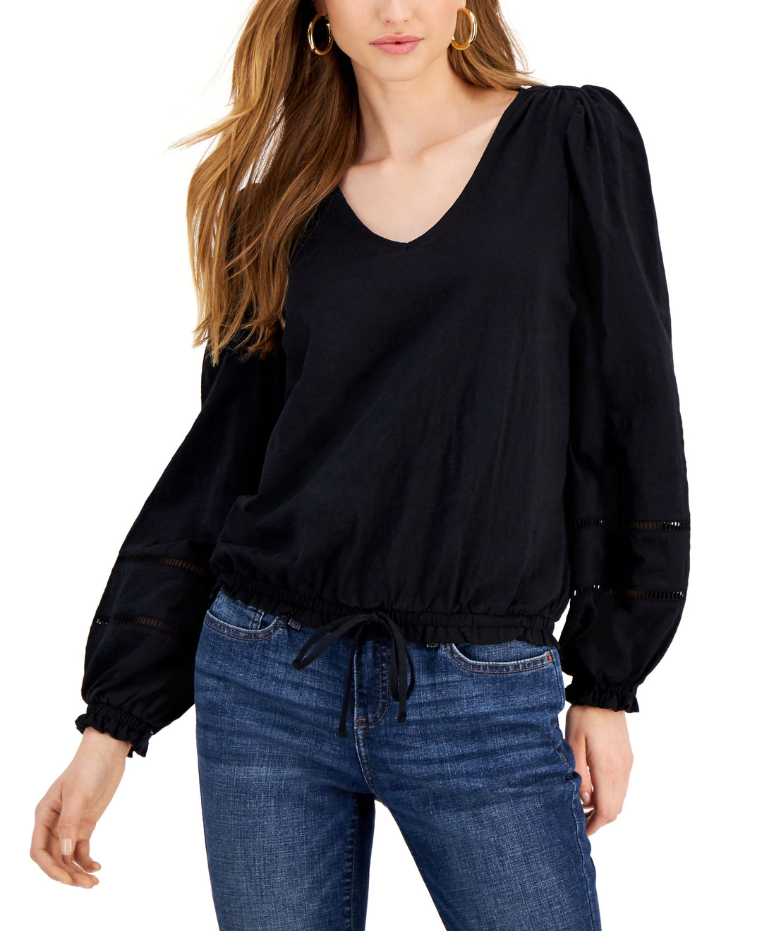 INC International Concepts Blouson Sleeve Tie Waist Cotton Top