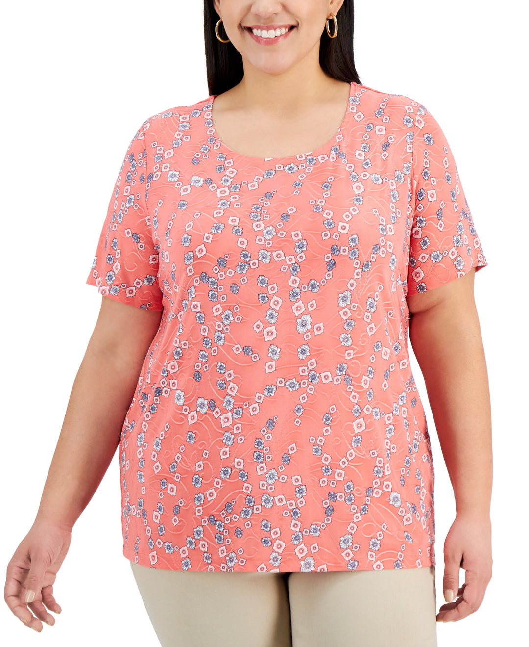 JM Collection Plus Size Jacquard Printed Scoop Neck Top