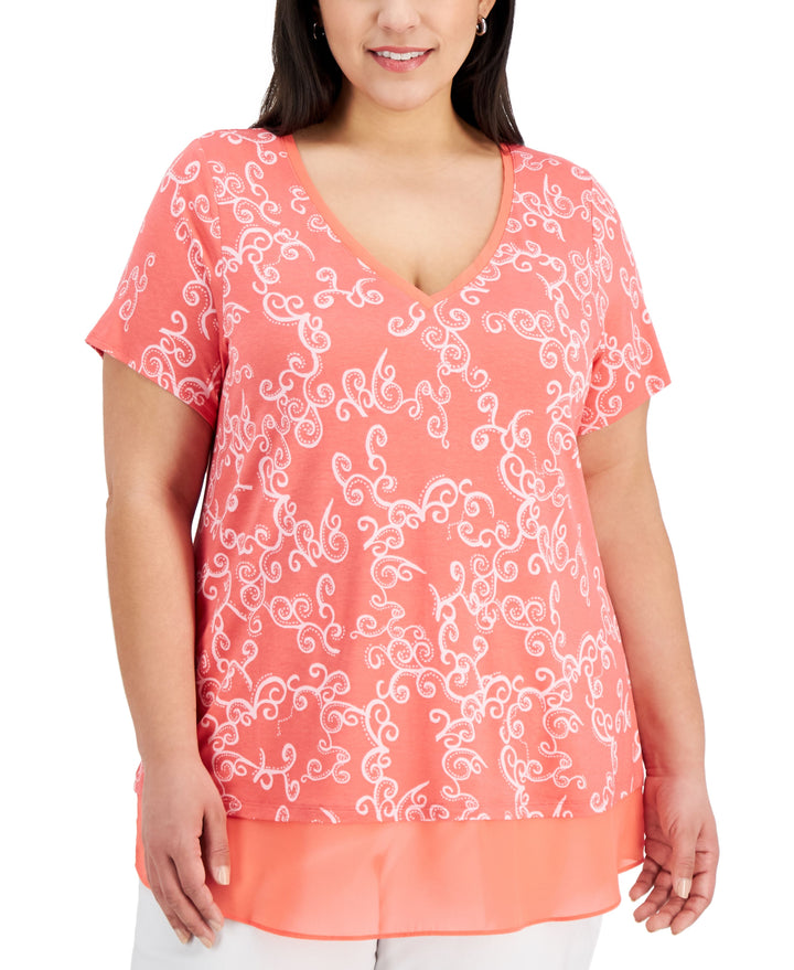 JM Collection Plus Size V Neck Printed Top
