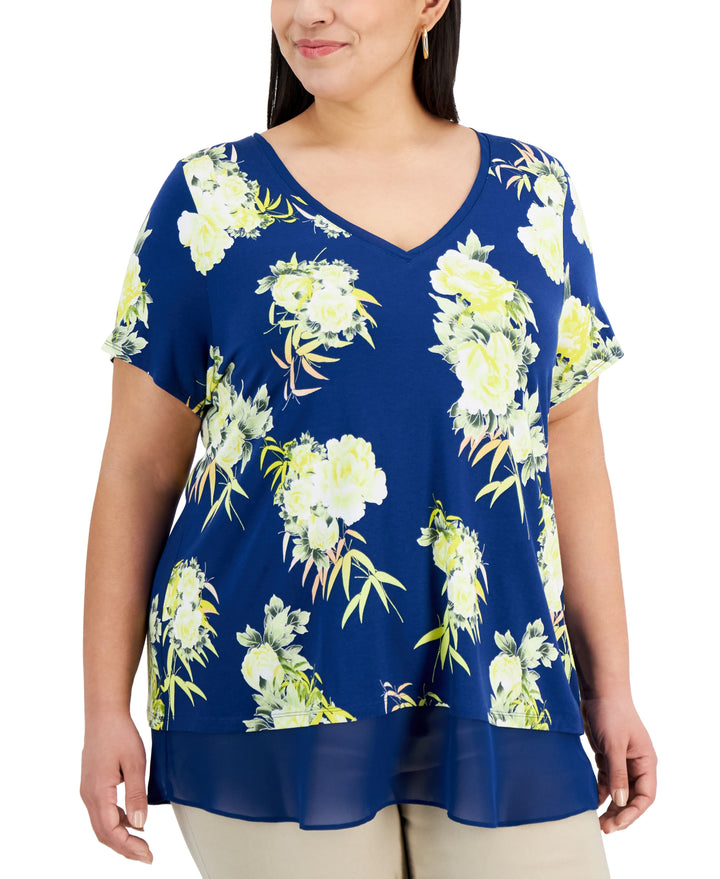 JM Collection Plus Size V Neck Printed Top