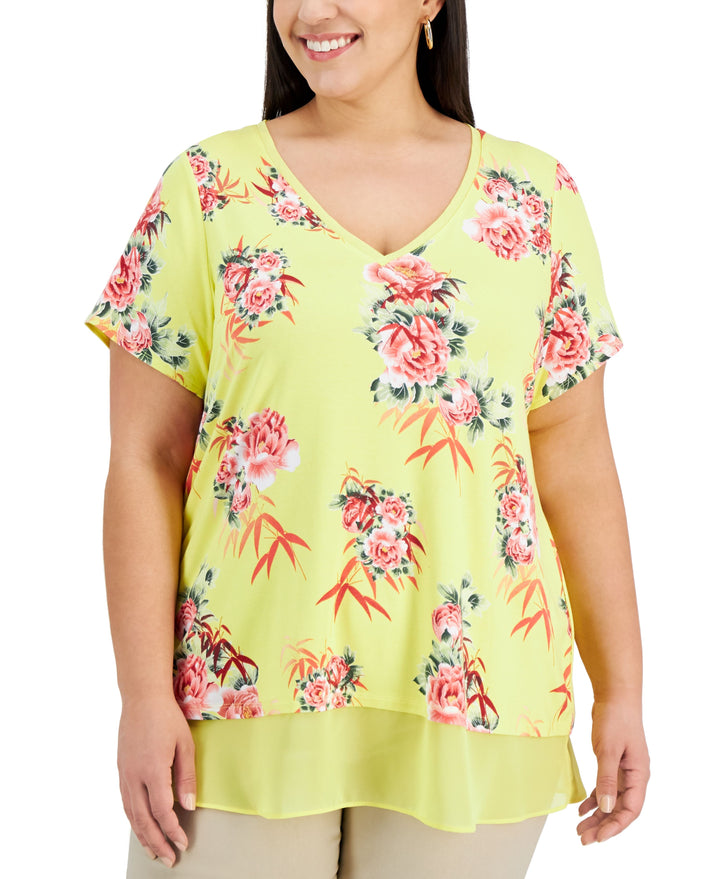 JM Collection Plus Size V Neck Printed Top