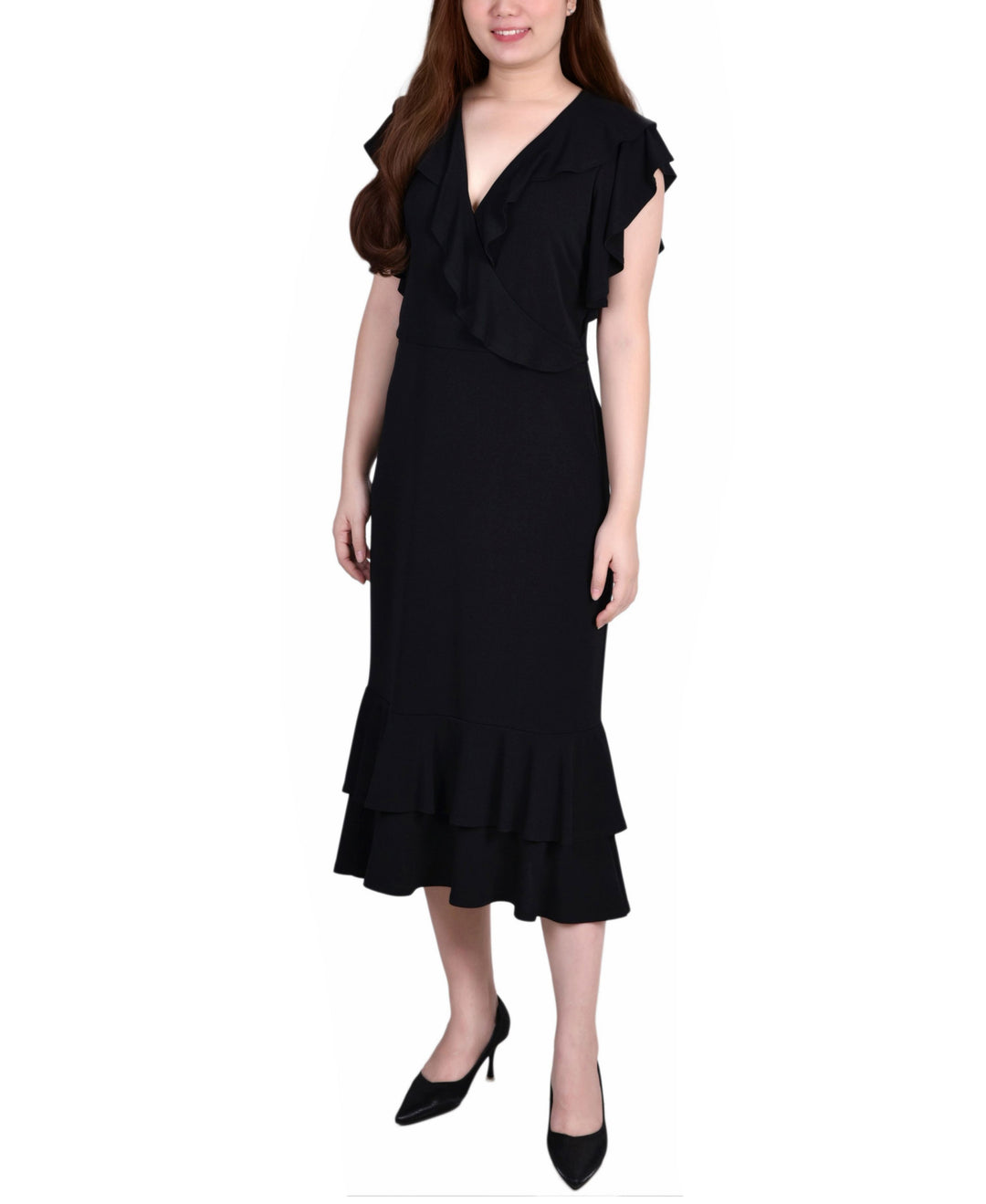 Petite Flutter Sleeve Ruffle Midi Dress
