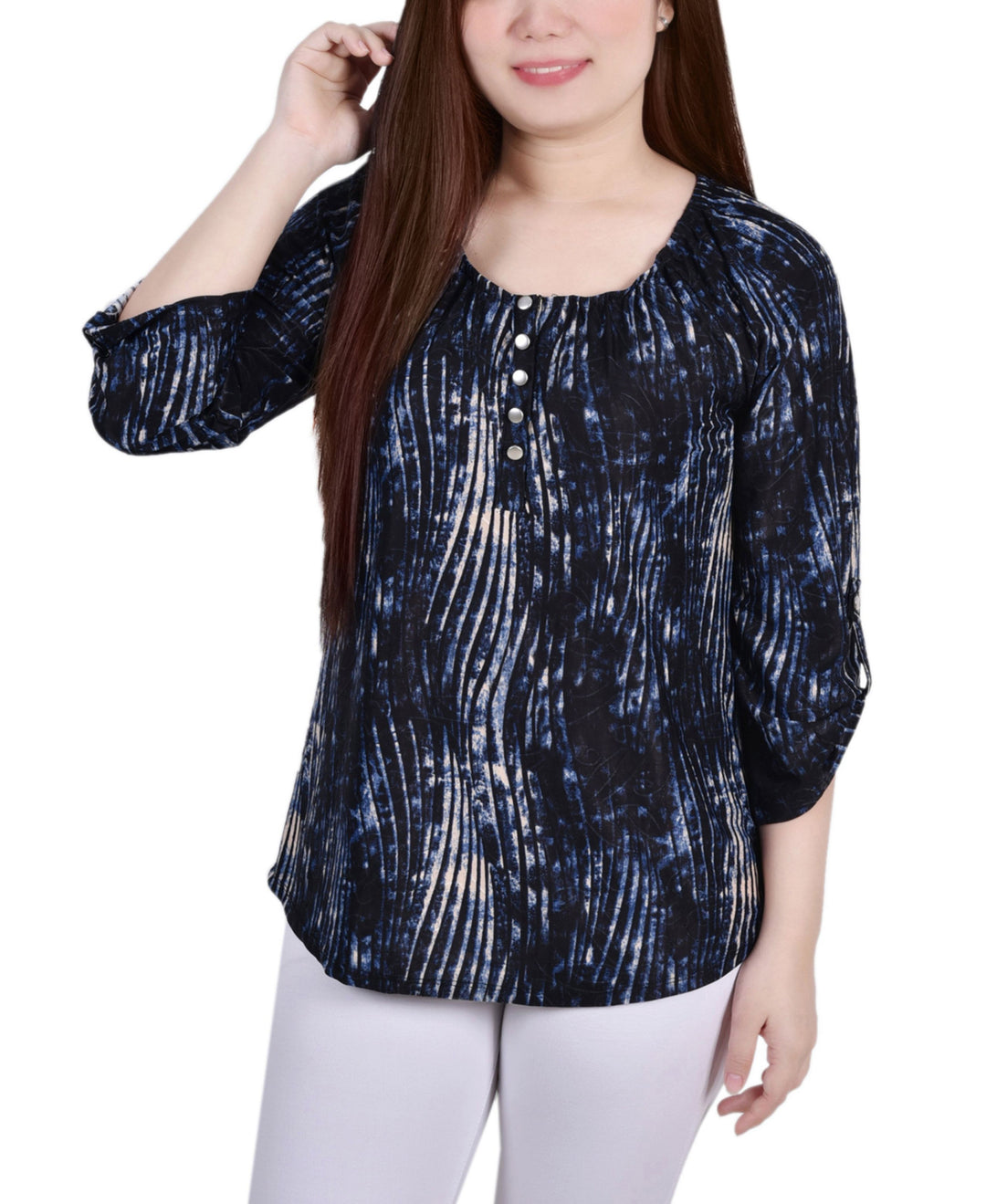 Petite 3/4 Push Tab Round Neck Henley Top