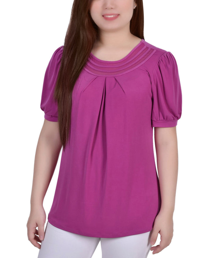 Petite Short Puff Sleeve Mesh Inset Top
