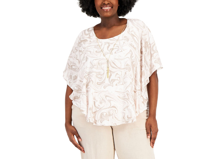 JM Collection Plus Size Printed Necklace Poncho Top
