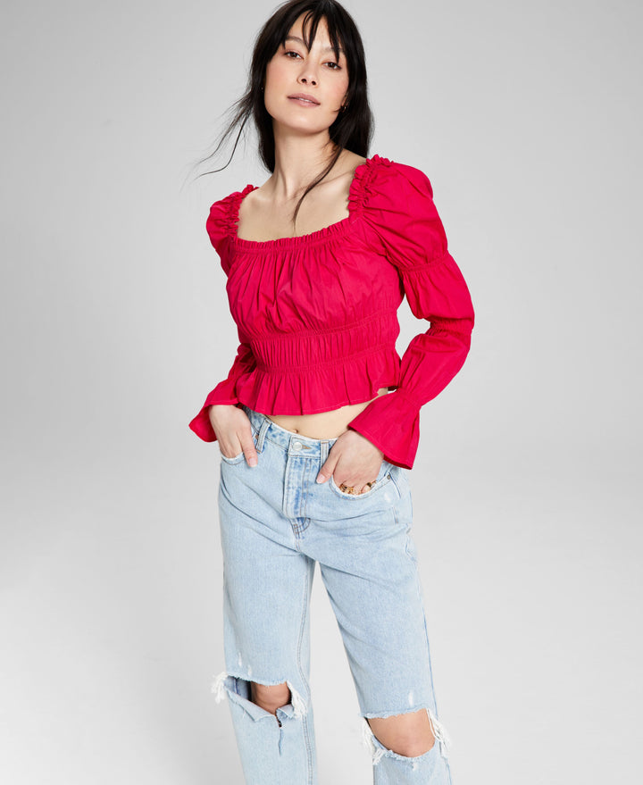 Now This Womens Cotton Ruched Puff Sleeve Top