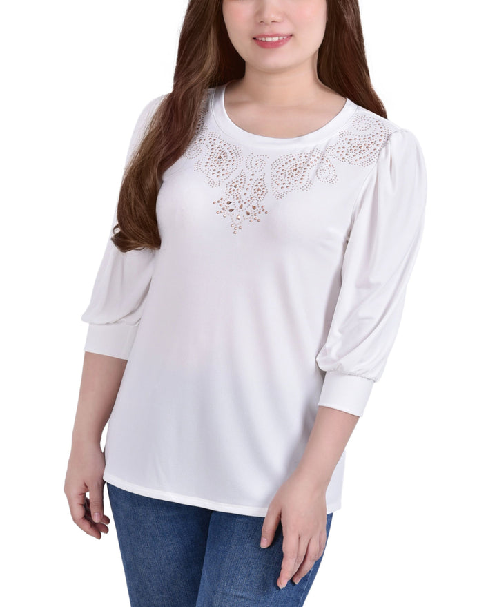 Petite Elbow Sleeve Crepe Studded Front Top