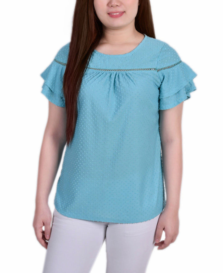 Petite Short Double Flutter Sleeve Swiss Dot Top