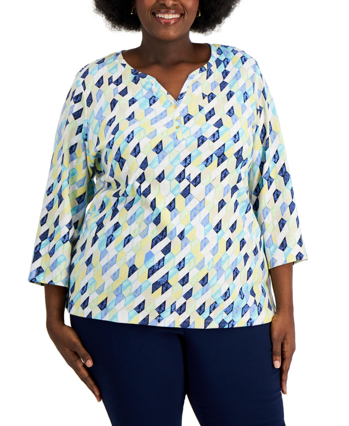 Karen Scott Plus Size Geo Print Henley Top