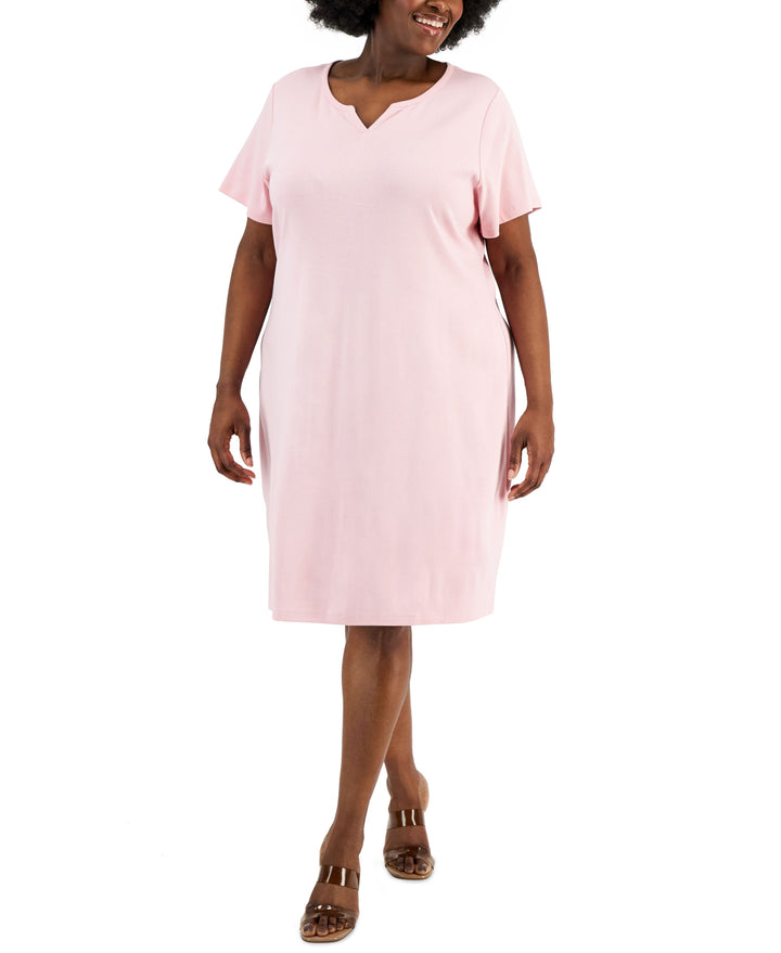 Karen Scott Plus Size Cotton Split Neck T-Shirt Dress