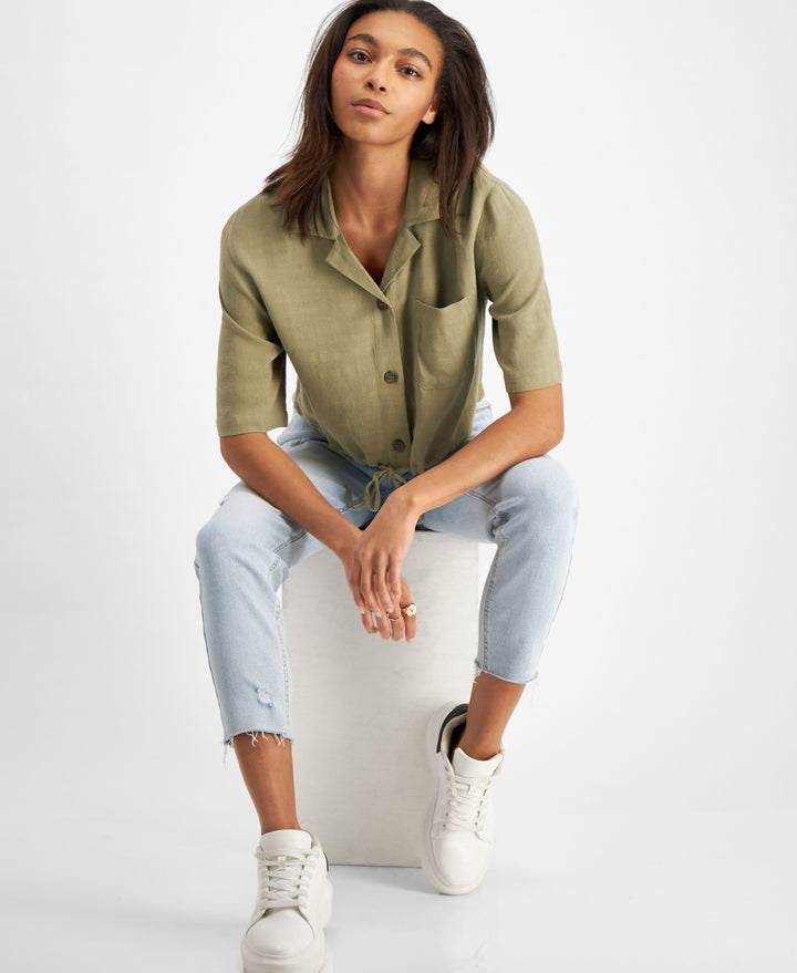 Now This Womens Tie Hem Cropped Shirt
