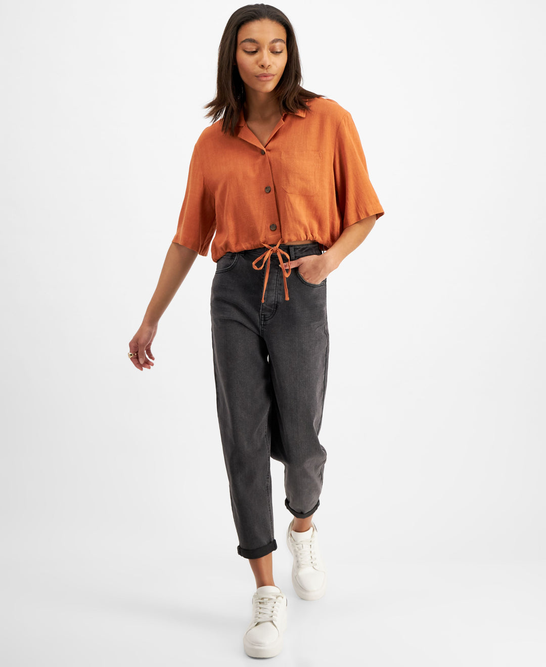 Now This Womens Tie Hem Cropped Shirt