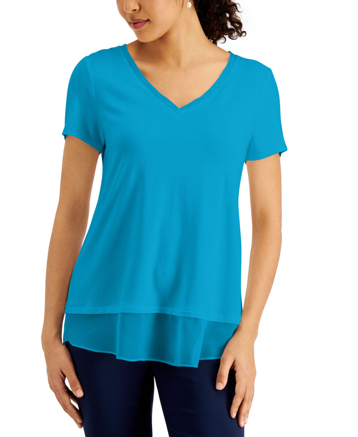 JM Collection V Neck Sheer Hem Top