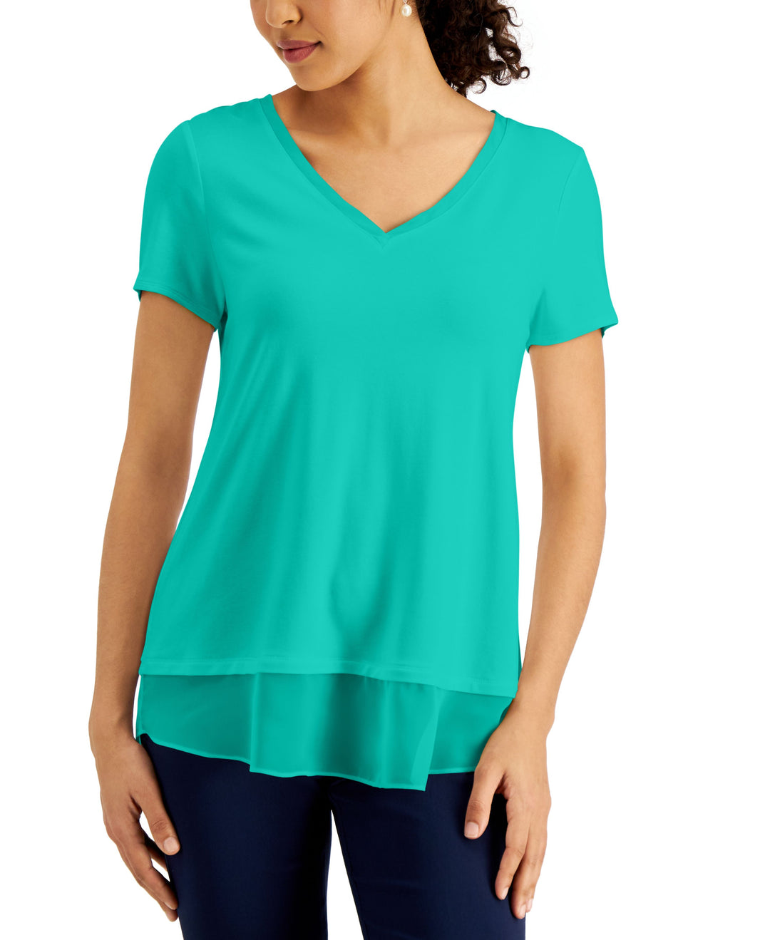 JM Collection V Neck Sheer Hem Top