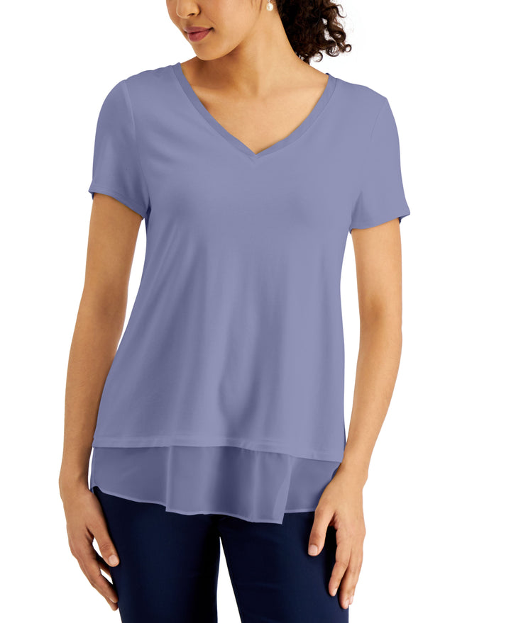 JM Collection V Neck Sheer Hem Top