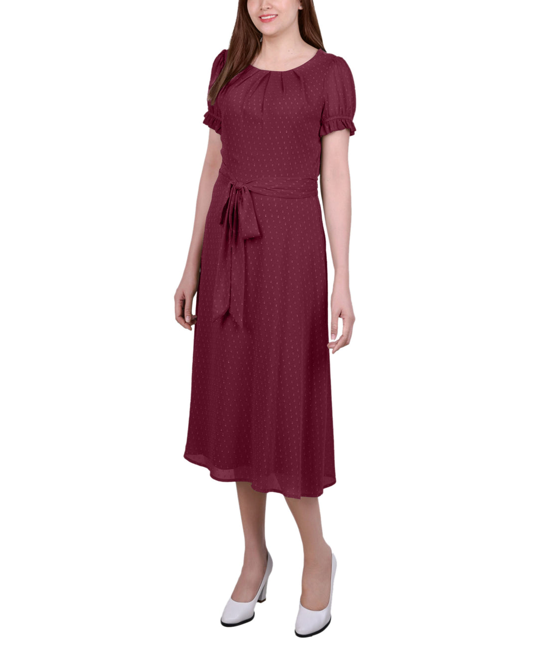 Petite Short Sleeve Belted Swiss Dot Dress