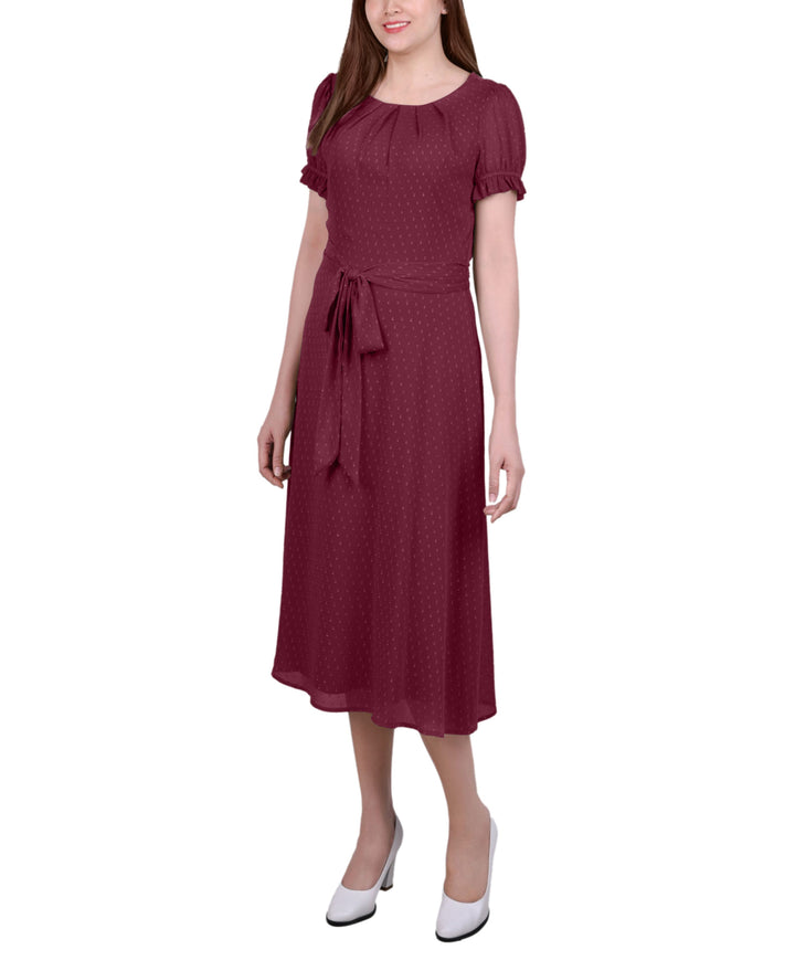 Petite Short Sleeve Belted Swiss Dot Dress