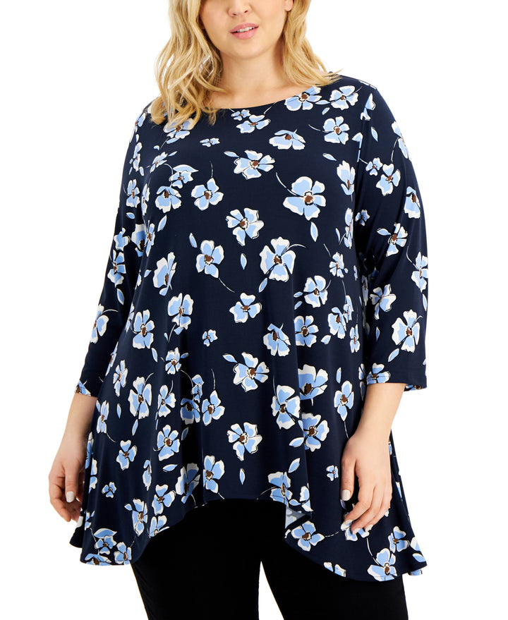 Alfani Plus Size Printed Asymmetrical Hem Tunic Top