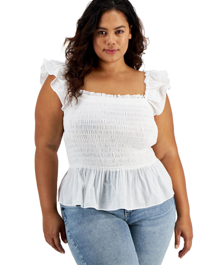 INC International Concepts Plus Size Cotton Smocked Ruffled Top