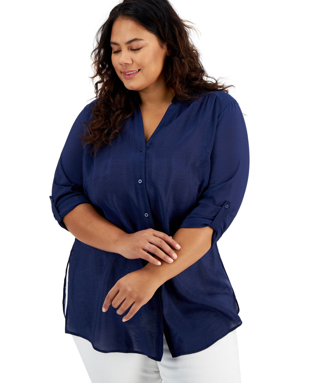 INC International Concepts Plus Size High Low Satin Shirt