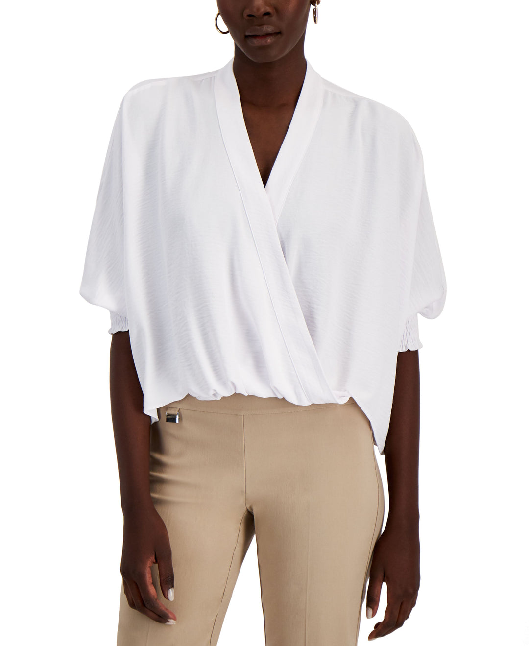 Alfani Faux Wrap Smocked Cuff Top
