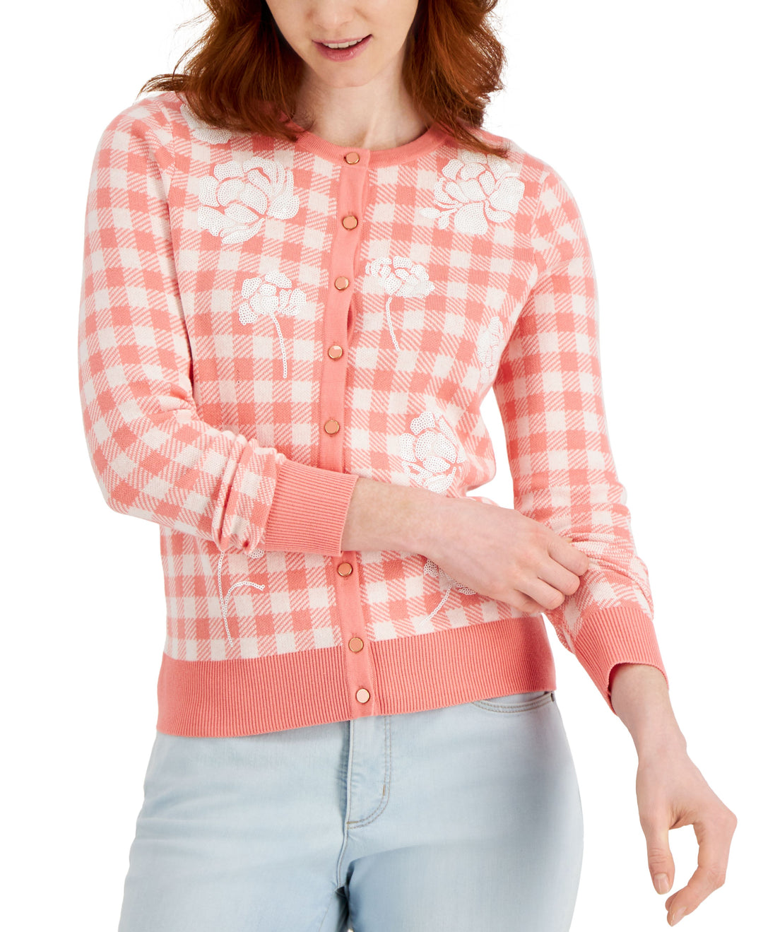 Charter Club Gingham Embroidered Button Cardigan