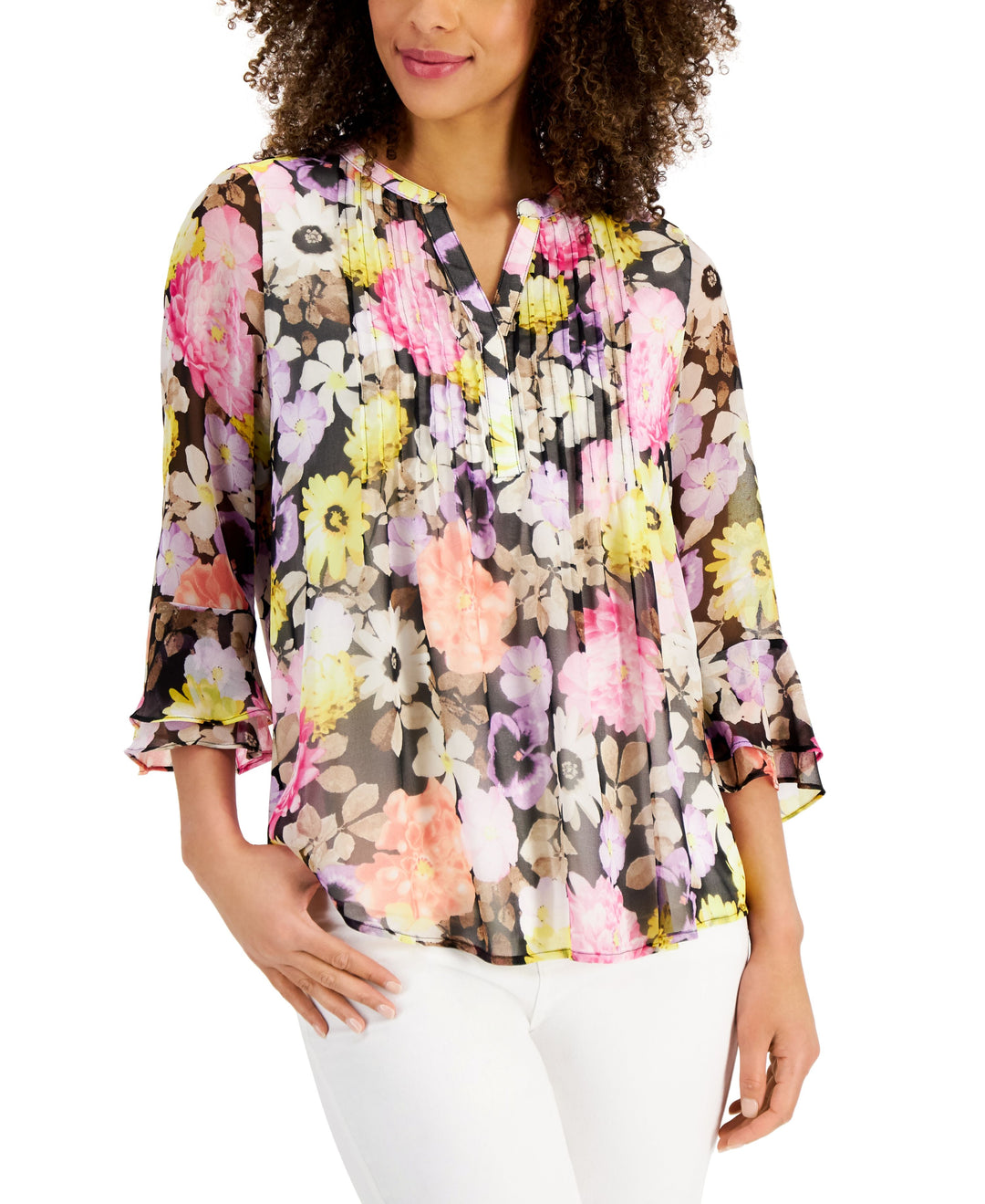Charter Club Petite Floral Print Flutter Sleeve Pintuck Top