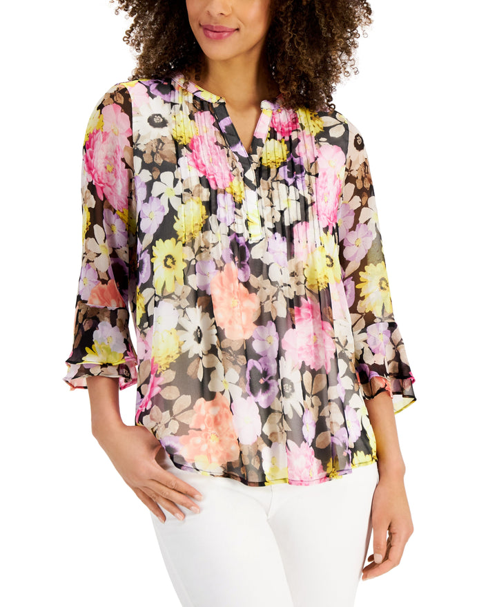 Charter Club Petite Floral Print Flutter Sleeve Pintuck Top