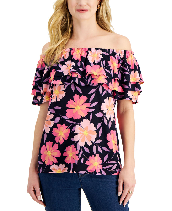 Charter Club Womens Printed Off The Shoulder Ruffled Knit Top