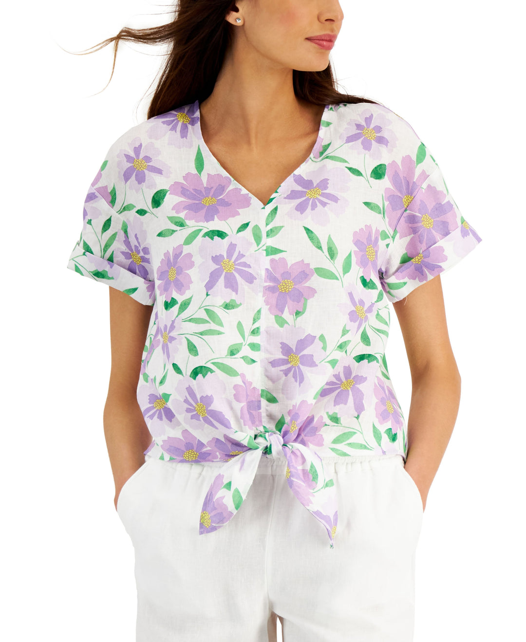 Charter Club Linen Printed Tie Front Top